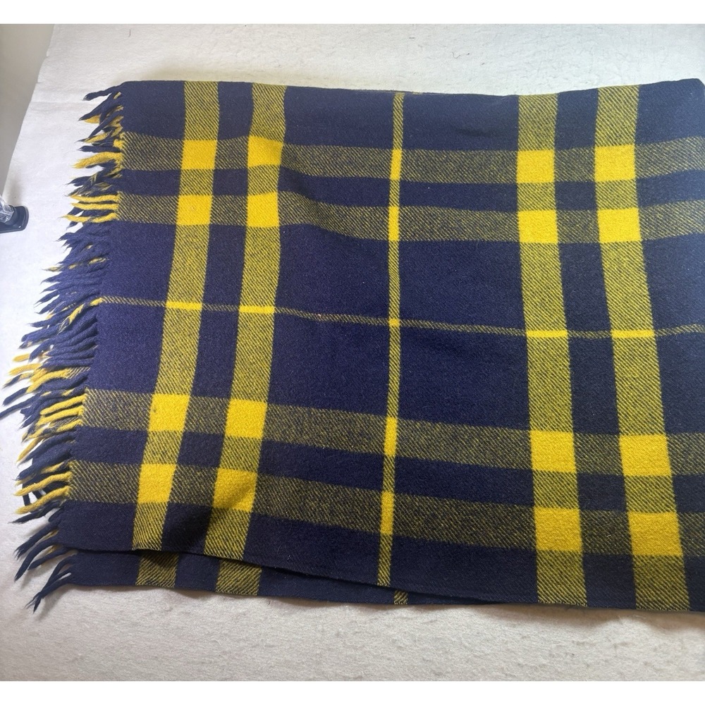 Vintage Horner 50x62 Wool Plaid Throw Blanket Fringed Maize & Blue U Of M Heavy